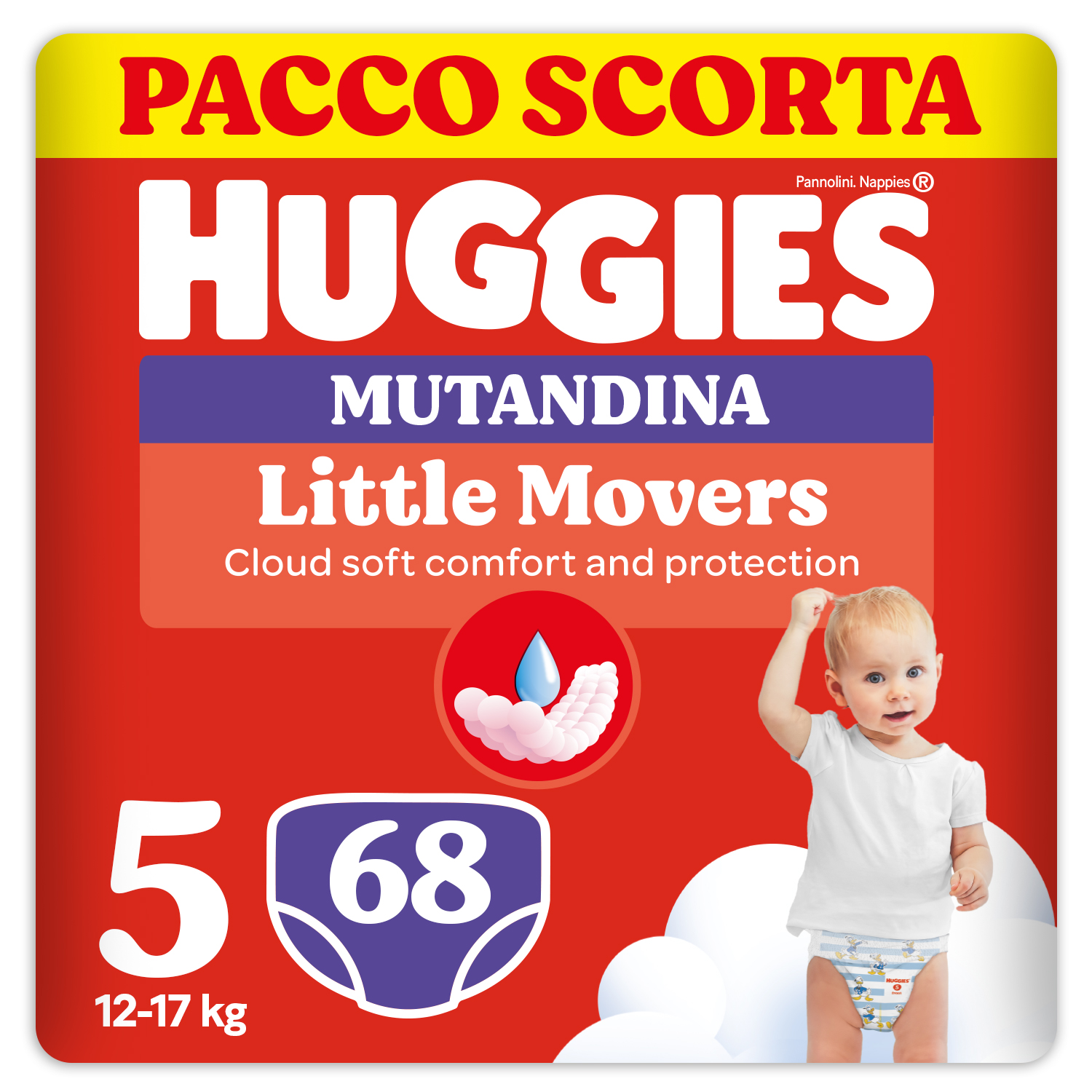 HUGGIES – Pannolini Little Movers Mutandina Taglia 5 (12-17 Kg) Pacco Scorta da 68 Pezzi
