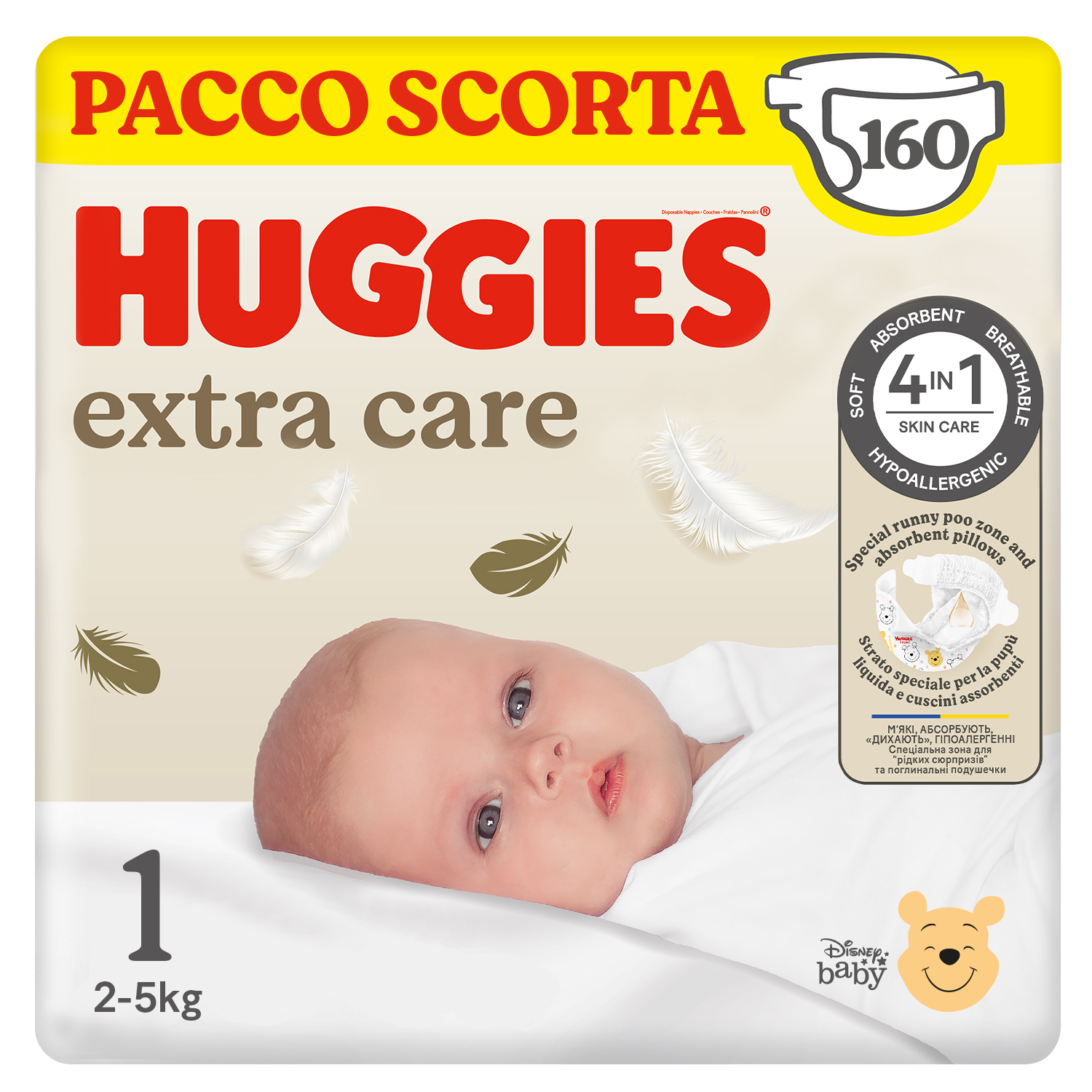 HUGGIES – Pannolini Extra Care Taglia 1 (2-5 Kg) – Pacco Scorta da 160 Pezzi