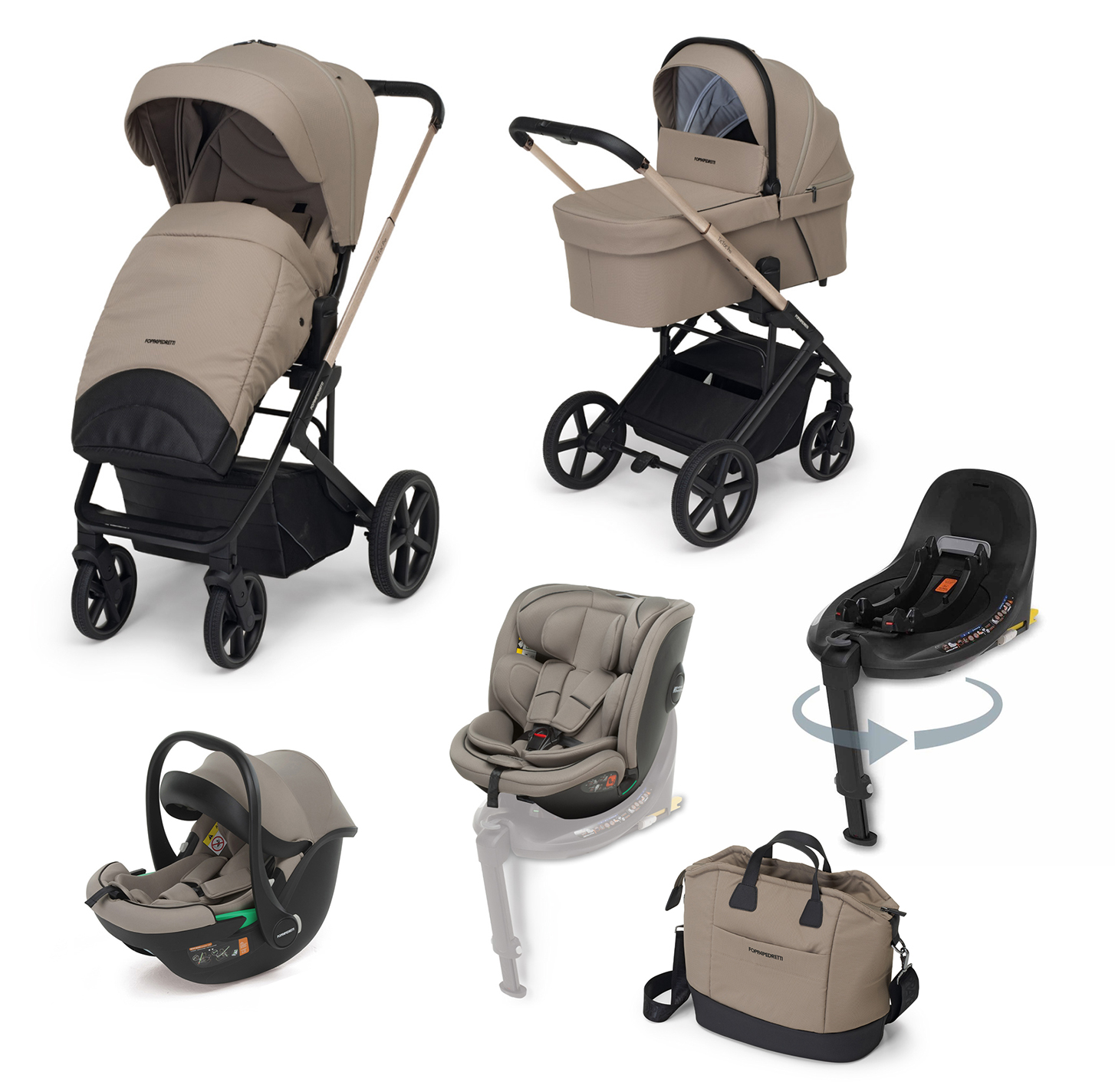 FOPPAPEDRETTI - Trio Tic Toc Pro Champagne con Seggiolino Auto Disk Infant Rekline + Coprigambe, Adattatori, Disk Grow, Base Rotante Disk e Borsa Elegant