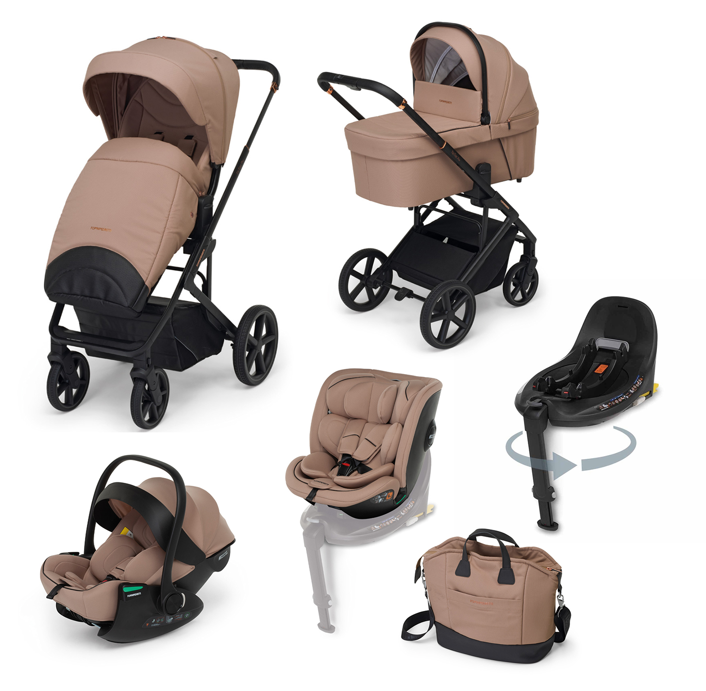 FOPPAPEDRETTI – Trio Tic Toc Pro Gold con Seggiolino Auto Disk Infant Rekline + Coprigambe, Adattatori Disk Grow, Base Rotante Disk e Borsa Elegant