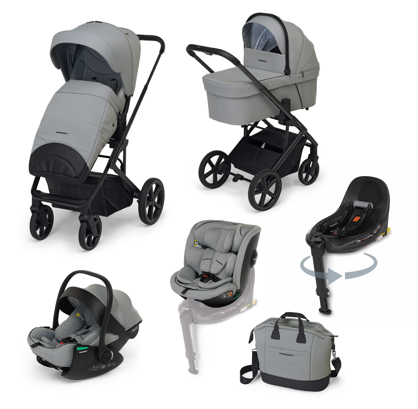 FOPPAPEDRETTI - Trio Tic Toc Pro Ice con Seggiolino Auto Disk Infant Rekline + Coprigambe, Adattatori, Disk Grow, Base Rotante Disk e Borsa Elegant