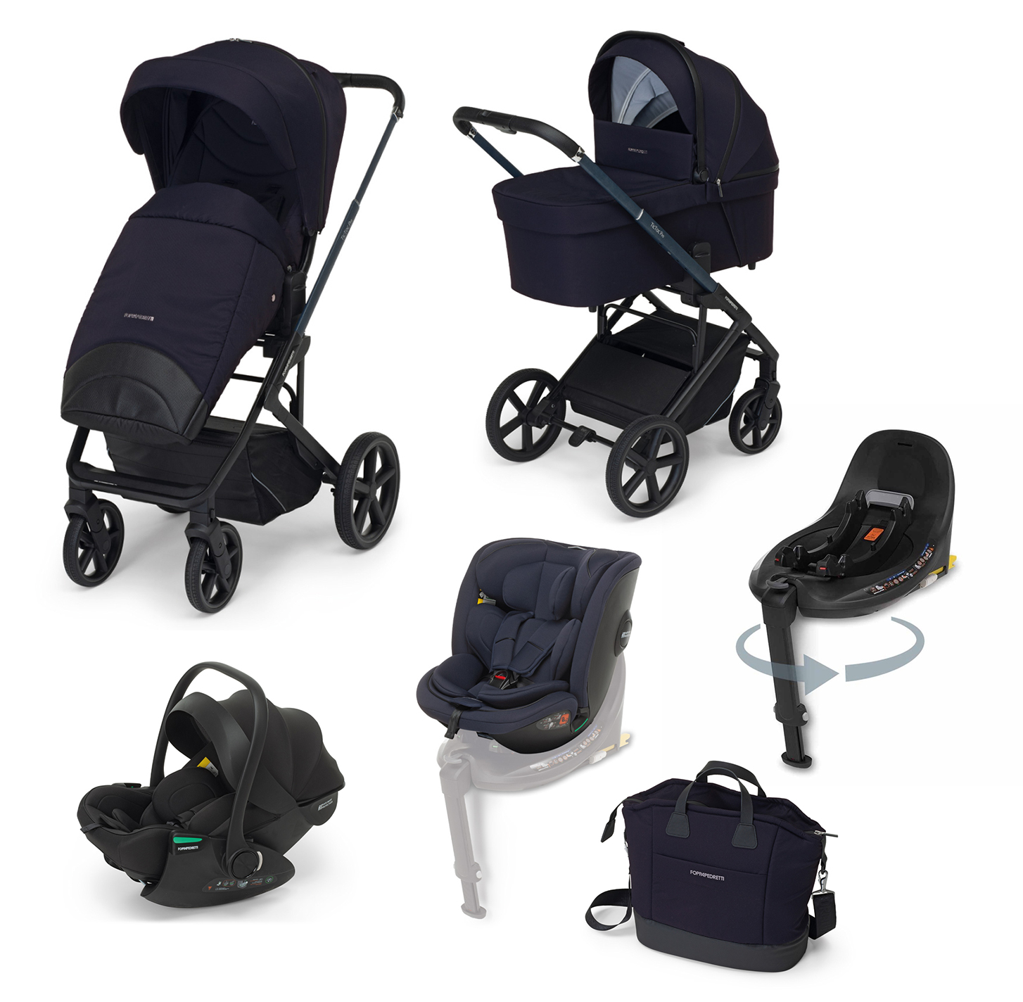 FOPPAPEDRETTI - Trio Tic Toc Pro Midnight con Seggiolino Auto Disk Infant Rekline + Coprigambe, Adattatori Disk Grow, Base Rotante Disk e Borsa Elegant