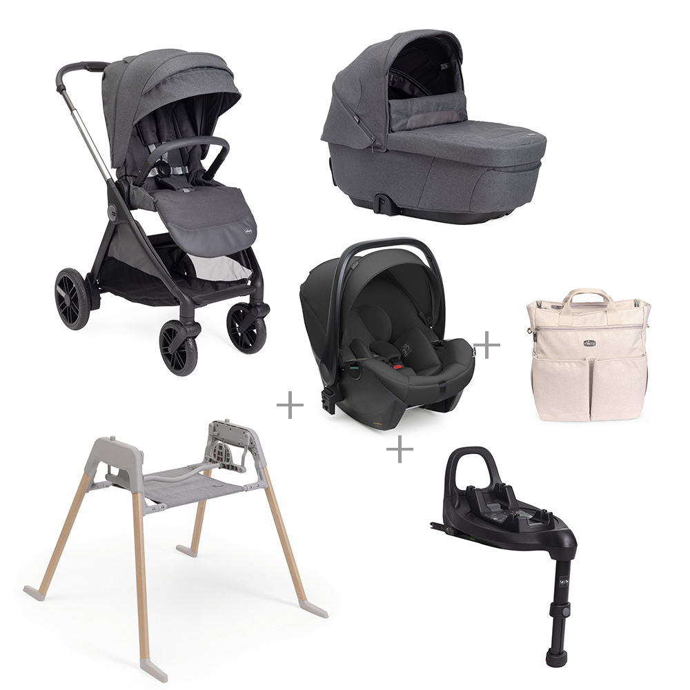 CHICCO – Trio Bellagio Black Satin Con Seggiolino Auto Kory Plus + Base Auto + Borsa + Stand Lullaglide