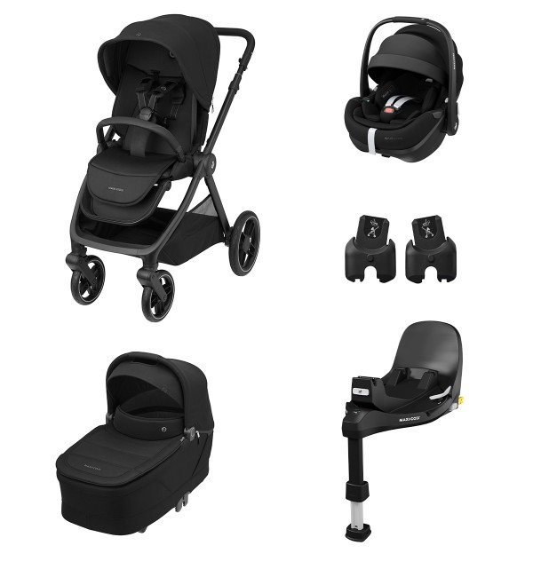 MAXI COSI - Trio Oxford Twillic Black con Seggiolino Auto Pebble 360 Pro2 + Base FamilyFix e Adattatori.