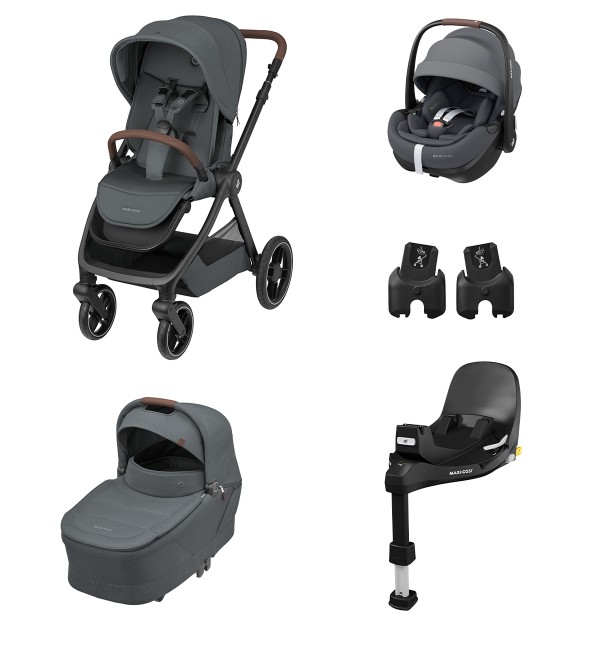 MAXI COSI - Trio Oxford Twillic Graphite con Seggiolino Auto Pebble 360 Pro2 + Base FamilyFix 360 Pro e Adattatori.