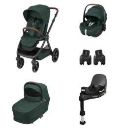 MAXI COSI - Trio Oxford Twillic Green con Seggiolino Auto Pebble 360 Pro2 + Base FamilyFix e Adattatori.