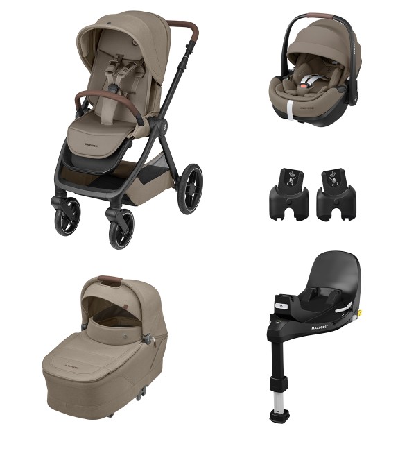 MAXI COSI - Trio Oxford Twillic Truffle con Seggiolino Auto Pebble 360 Pro2 + Base FamilyFix e Adattatori.