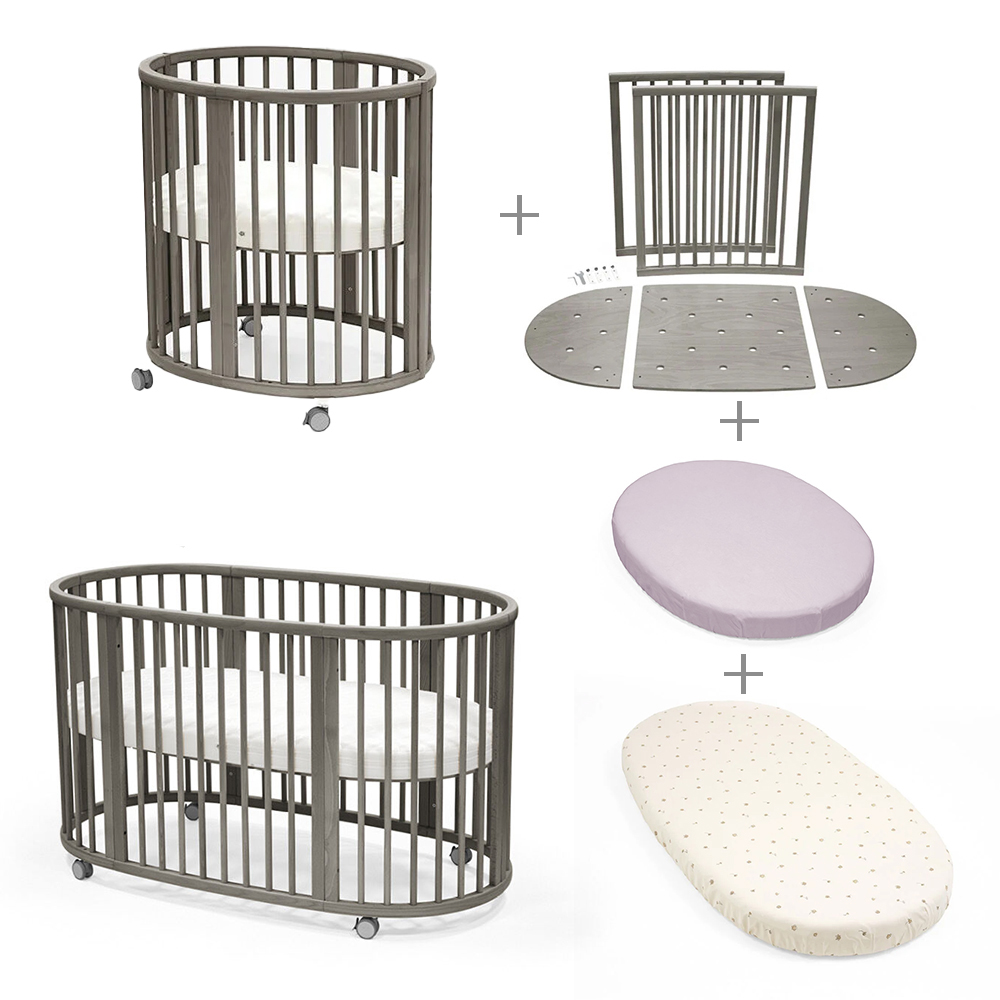 STOKKE - Pack Culla Mini Hazy Grey + Kit Estensione + Materasso Mini & Sleepi + Lenzuolo Mini e Sleepi