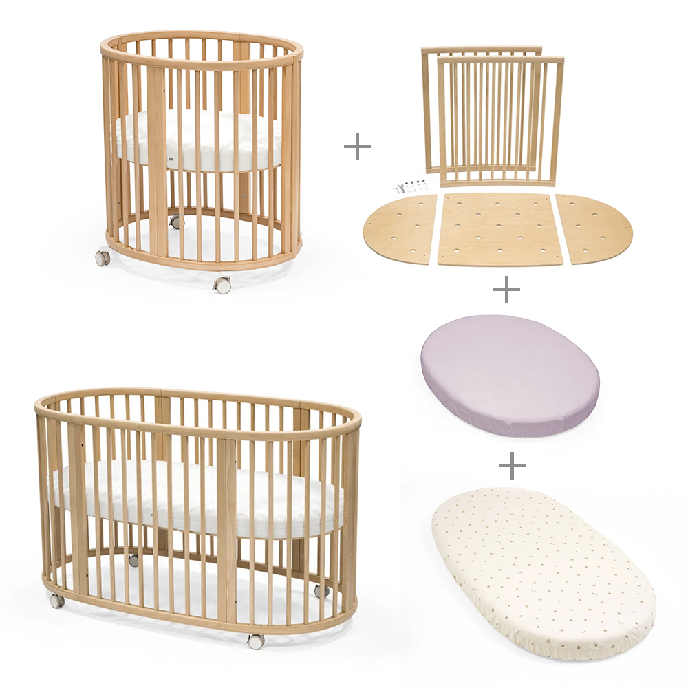 STOKKE - Pack Culla Mini Natural + Kit Estensione + Materasso Mini & Sleepi + Lenzuolo Mini e Sleepi