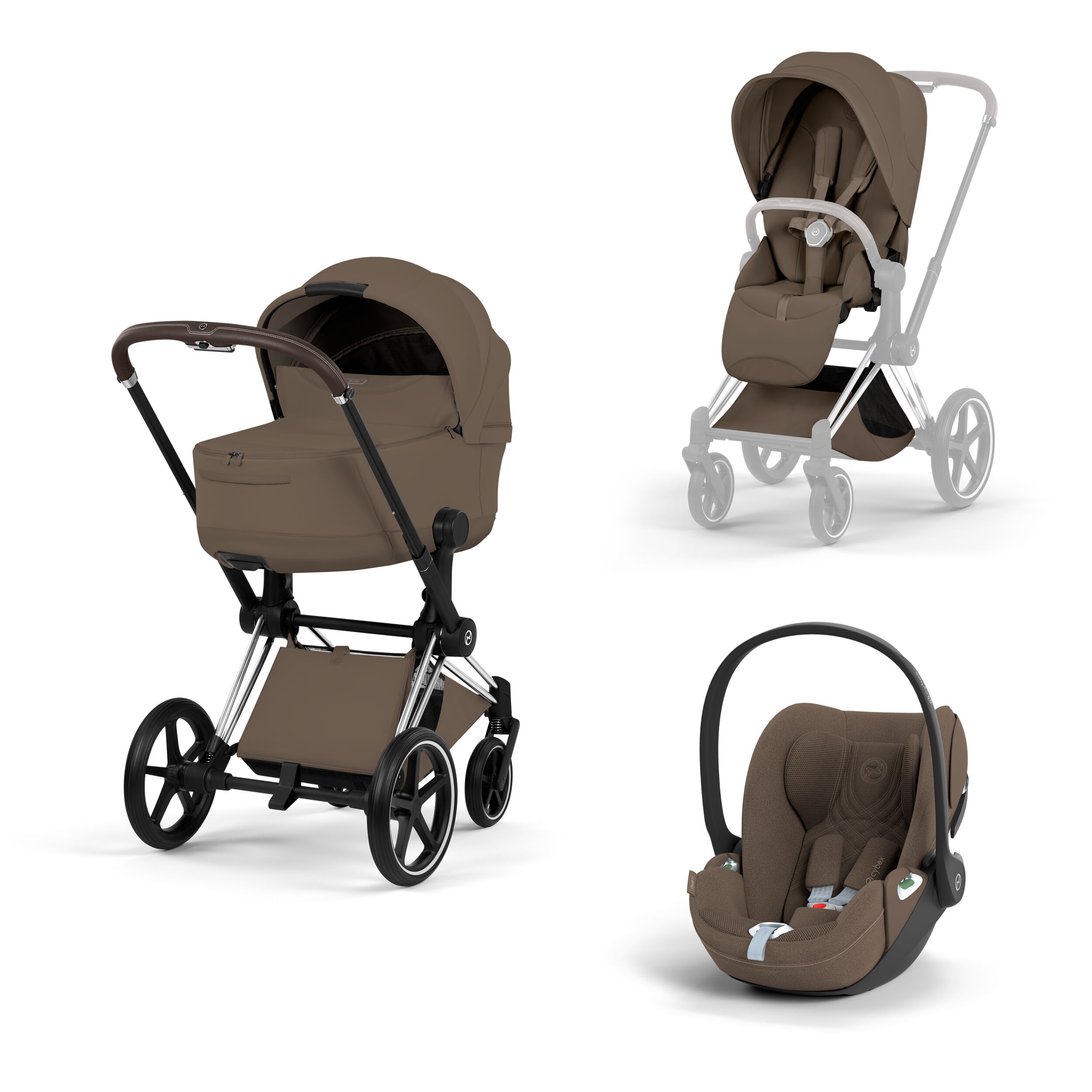 CYBEX PLATINUM - Trio Priam Style Coconout Brown con Telaio Chrome Brown e Seggiolino Auto Cloud-T