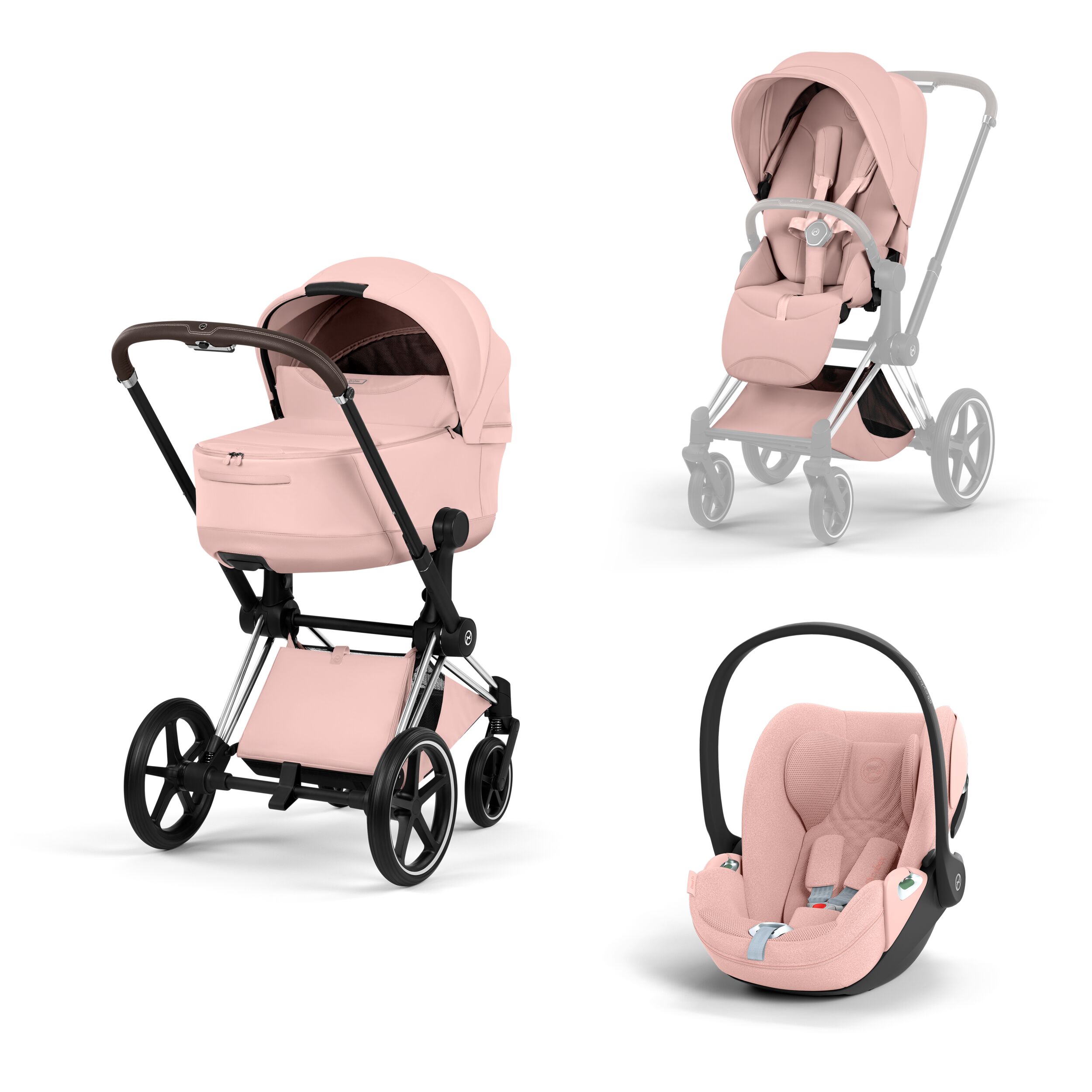 CYBEX PLATINUM - Trio Priam Style Peach Pink con Telaio Chrome Brown e Seggiolino Auto Cloud-T