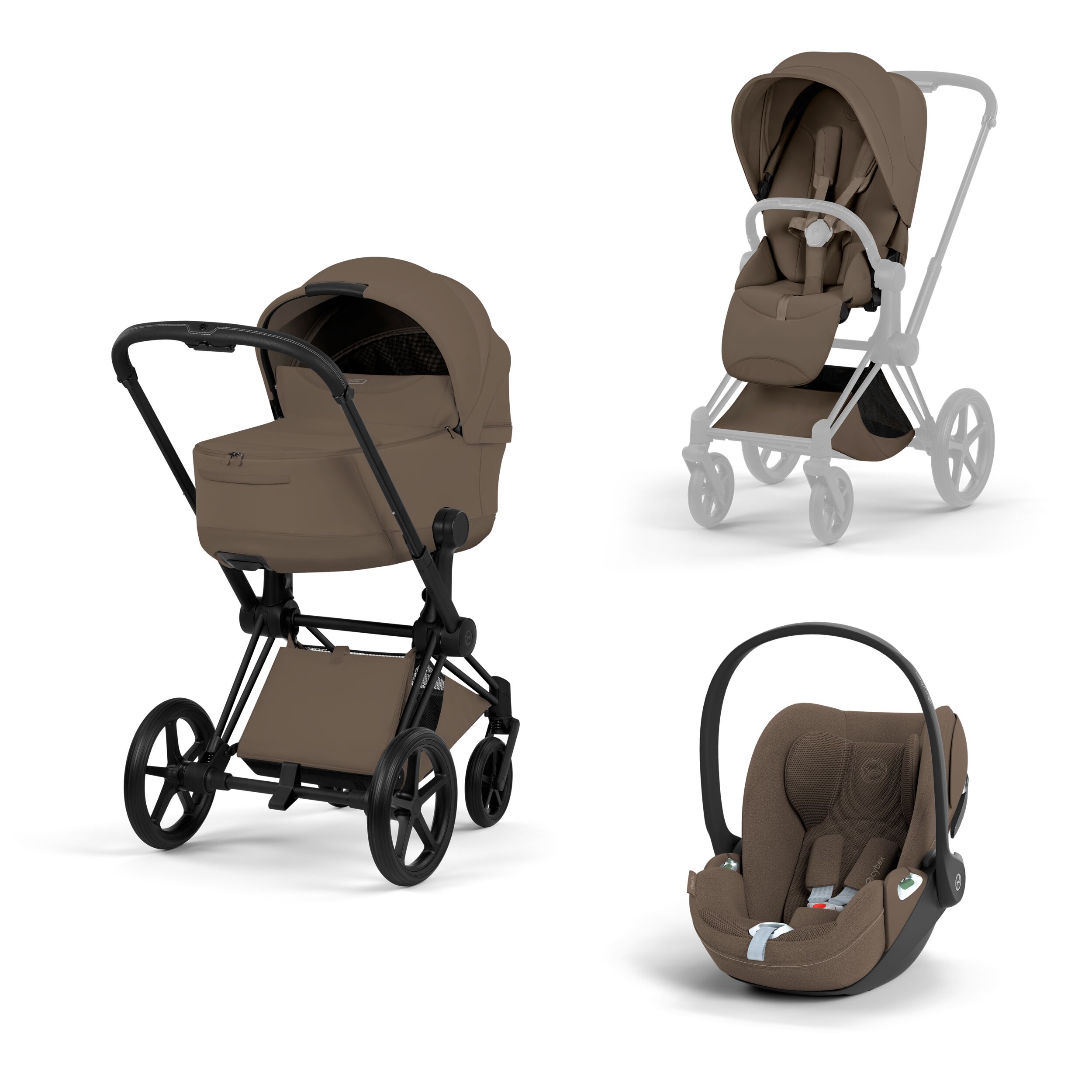 CYBEX PLATINUM - Trio Priam Style Coconout Brown con Telaio Matt Black e Seggiolino Auto Cloud-T