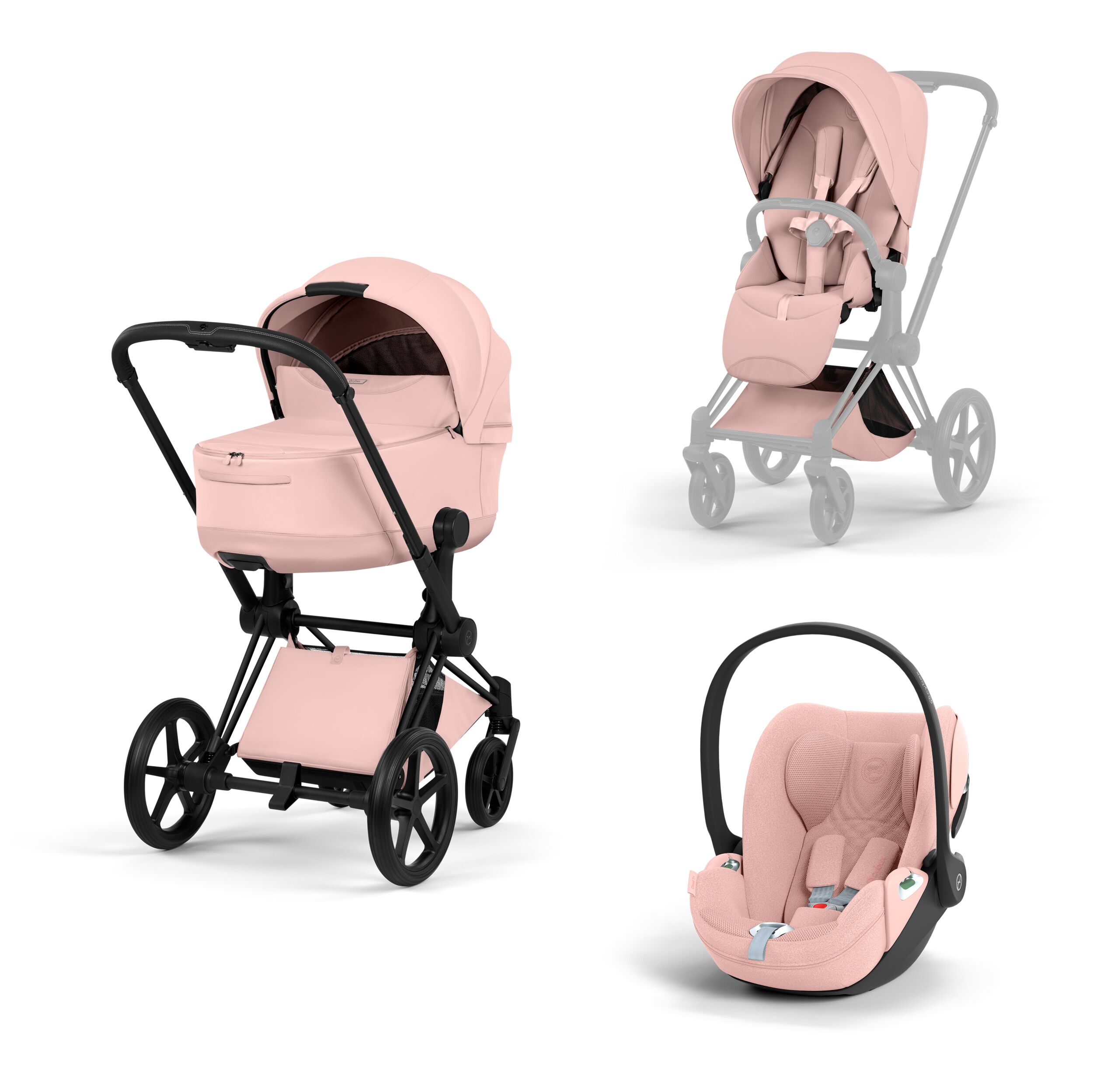 CYBEX PLATINUM - Trio Priam Style Peach Pink con Telaio Matt Black e Seggiolino Auto Cloud-T