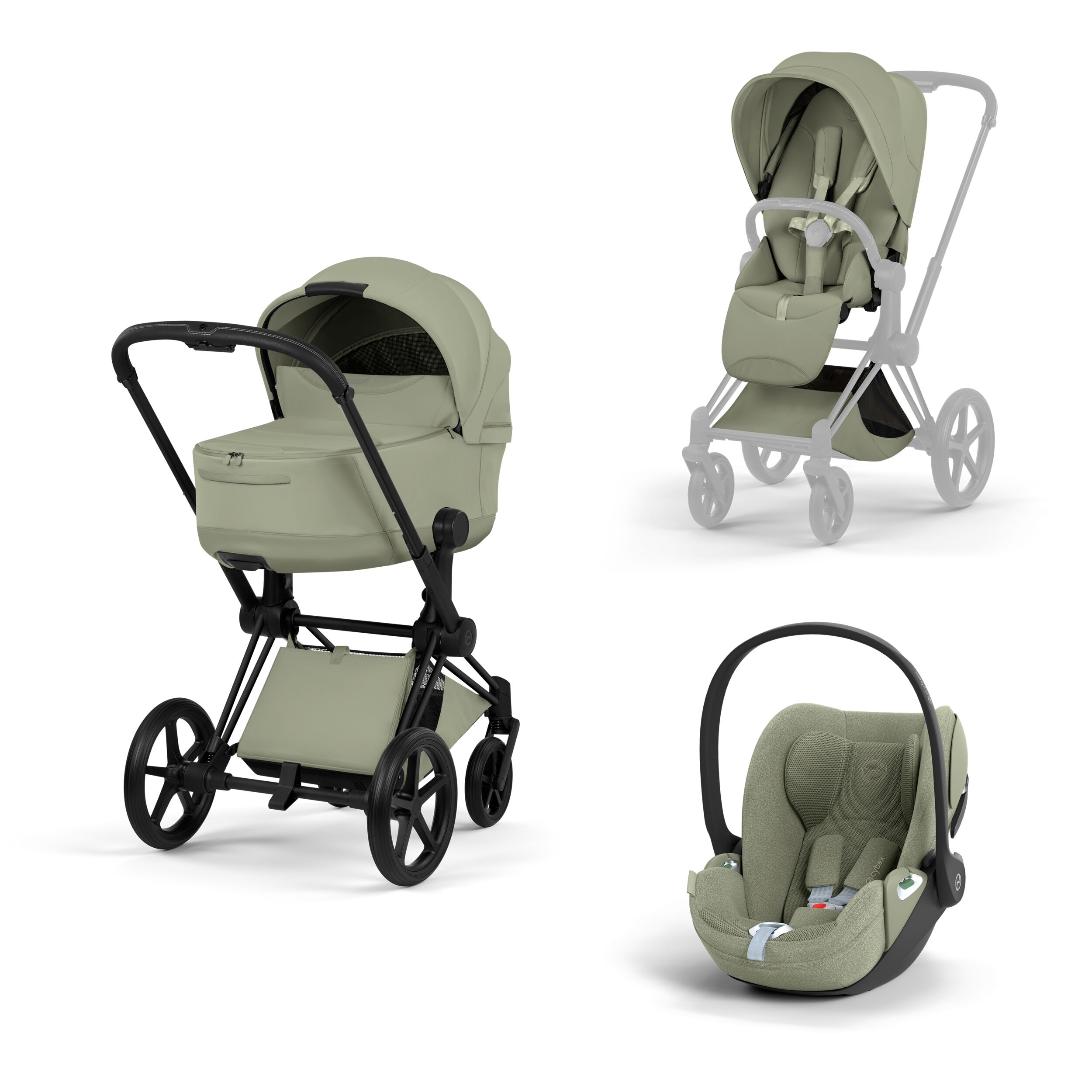CYBEX PLATINUM - Trio Priam Style Sage Green con Telaio Matt Black e Seggiolino Auto Cloud-T