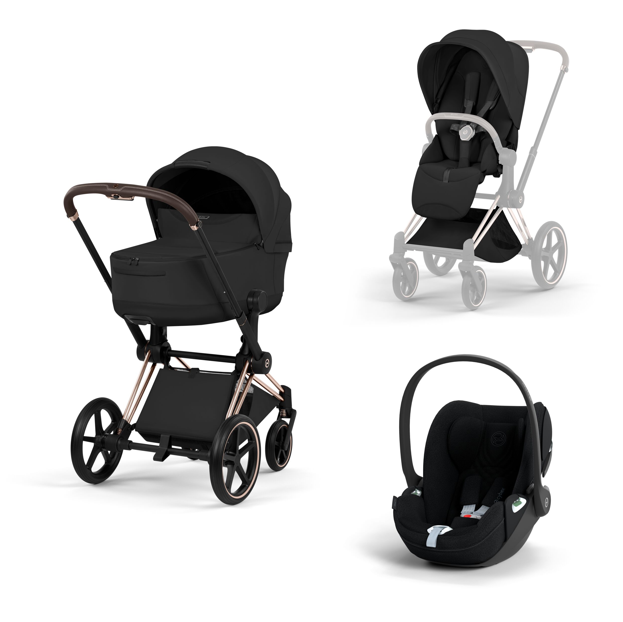 CYBEX PLATINUM - Trio Priam Style Sepia Black con Telaio Rosegold e Seggiolino Auto Cloud-T