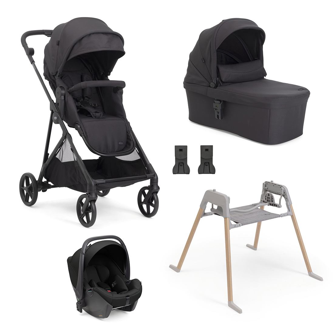 CHICCO - Trio Seety² Ebony con Navicella e Seggiolino Auto Kory Essential + Stand Lullaglide e Adattatori OMAGGIO